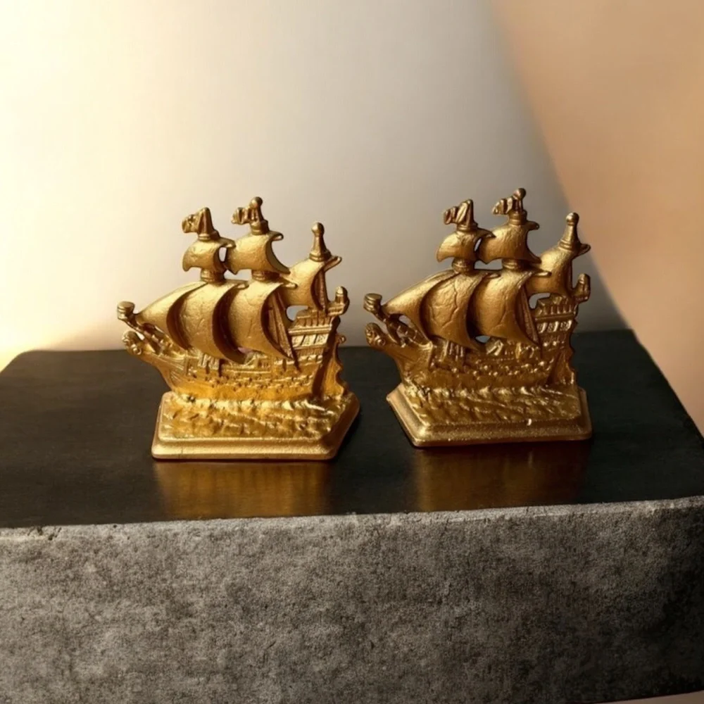 Antique Bronze gilded Bookend Sailing Boat 1803 Galleon Time Of Elizabeth Stamp